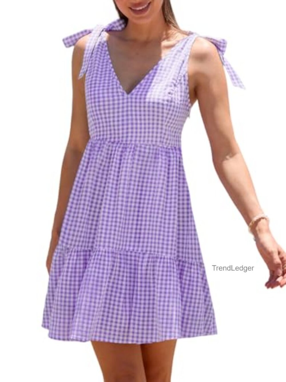 Sleeveless Plaid Mini Sundress Tie Shoulder V Neck Fit Flare Vacation